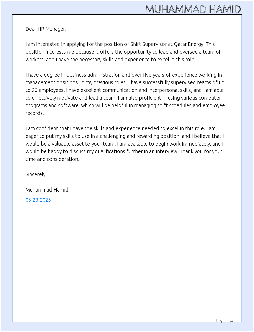 Shift Supervisor At Qatar Energy Cover Letter