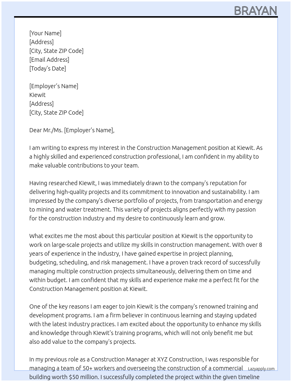 Construction Management At Kiewit Cover Letter