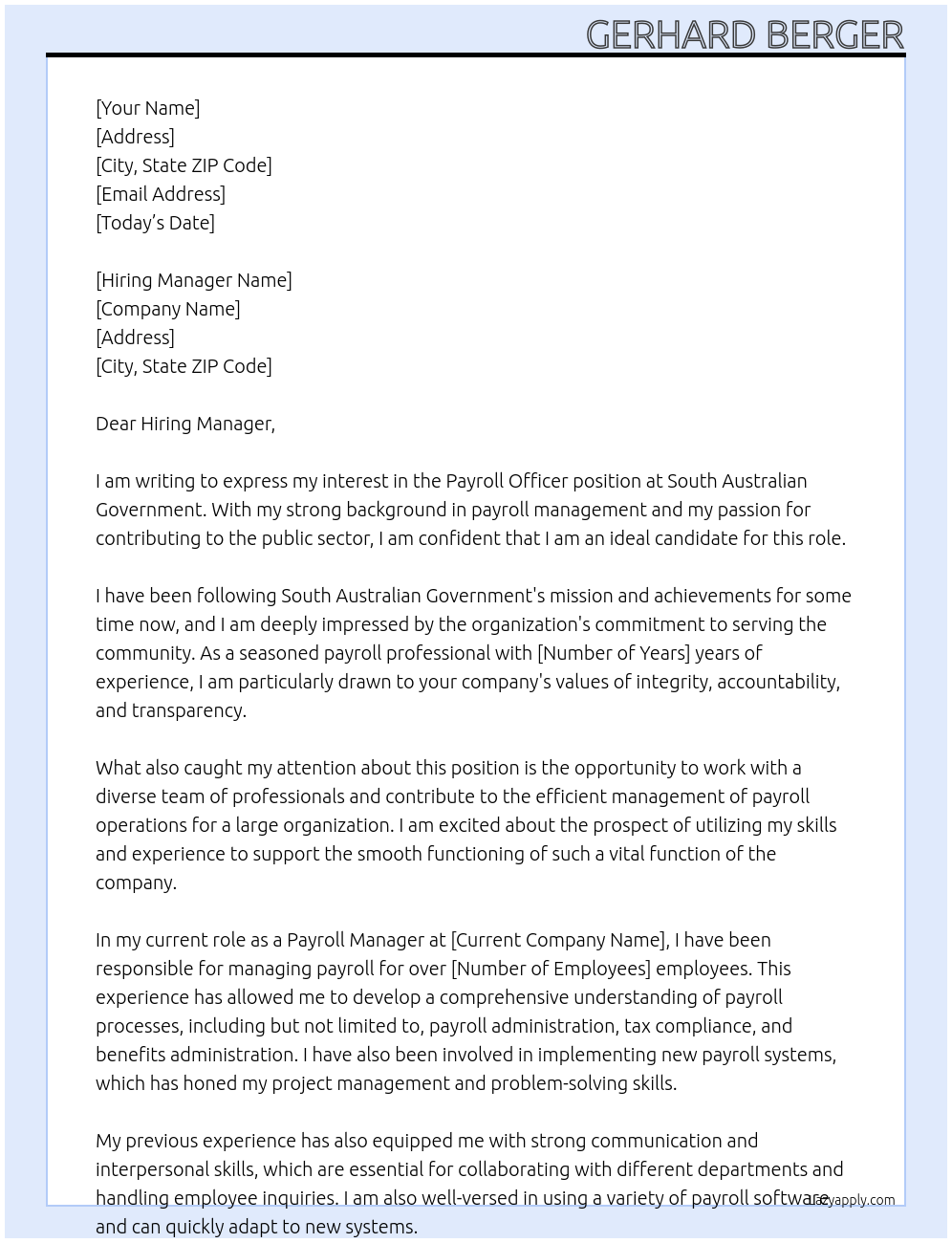 Payroll Officer At South Australian Government Cover Letter