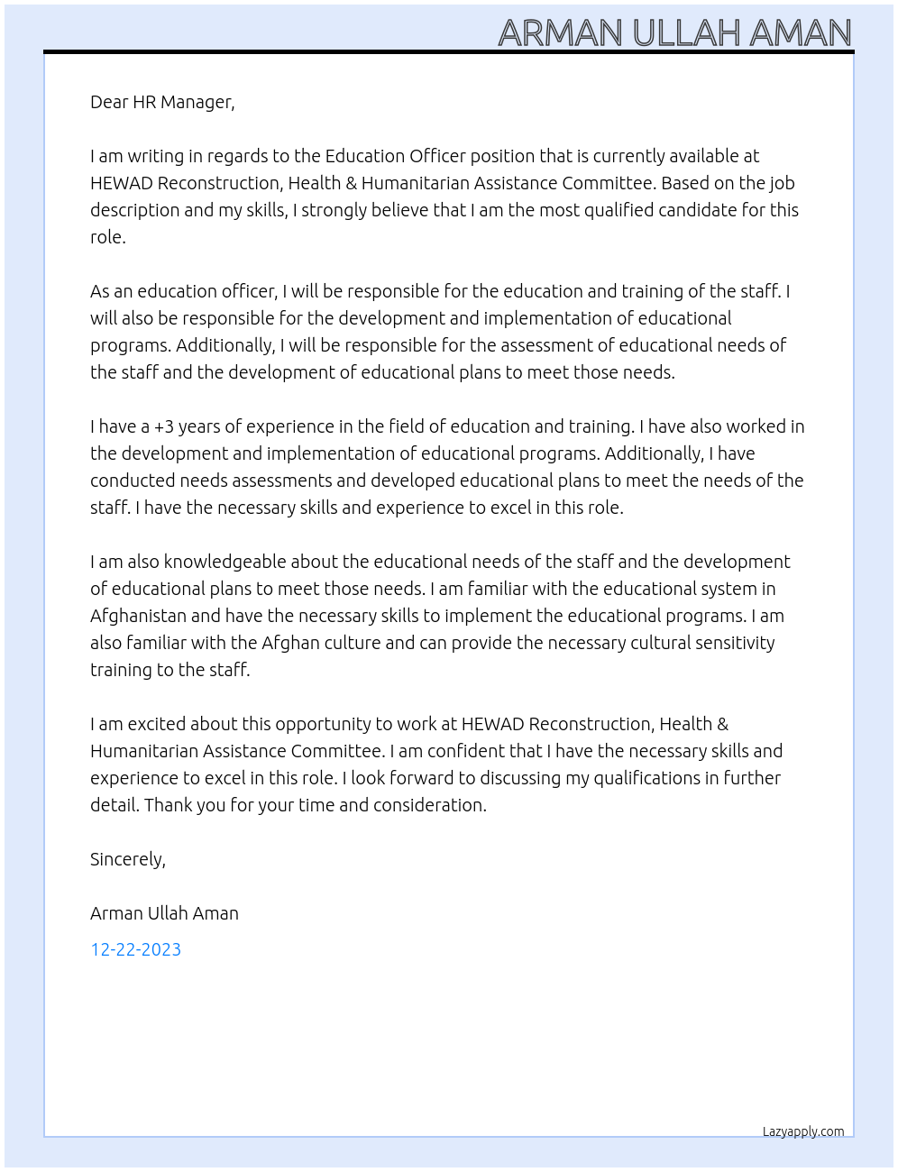 Education Officer At HEWAD Reconstruction, Health & Humanitarian Assistance Committee Cover Letter