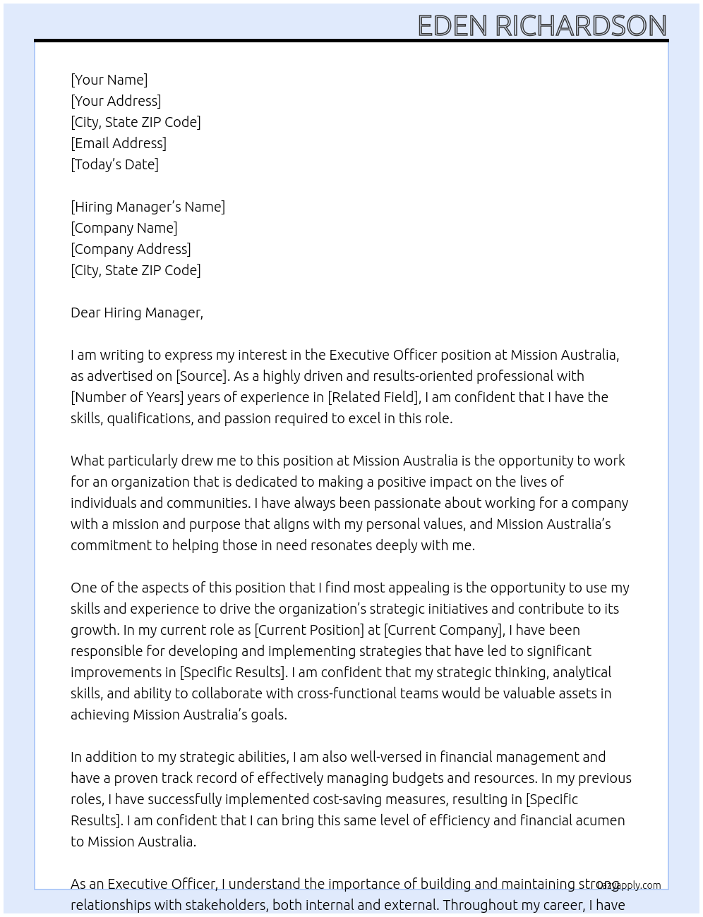 Executive Officer At Mission Australia Cover Letter