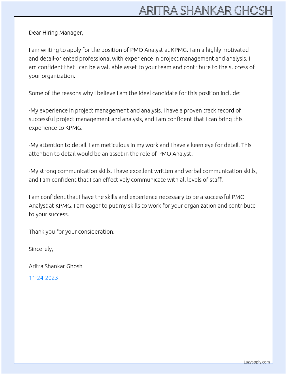 PMO ANALYST At kpmg Cover Letter