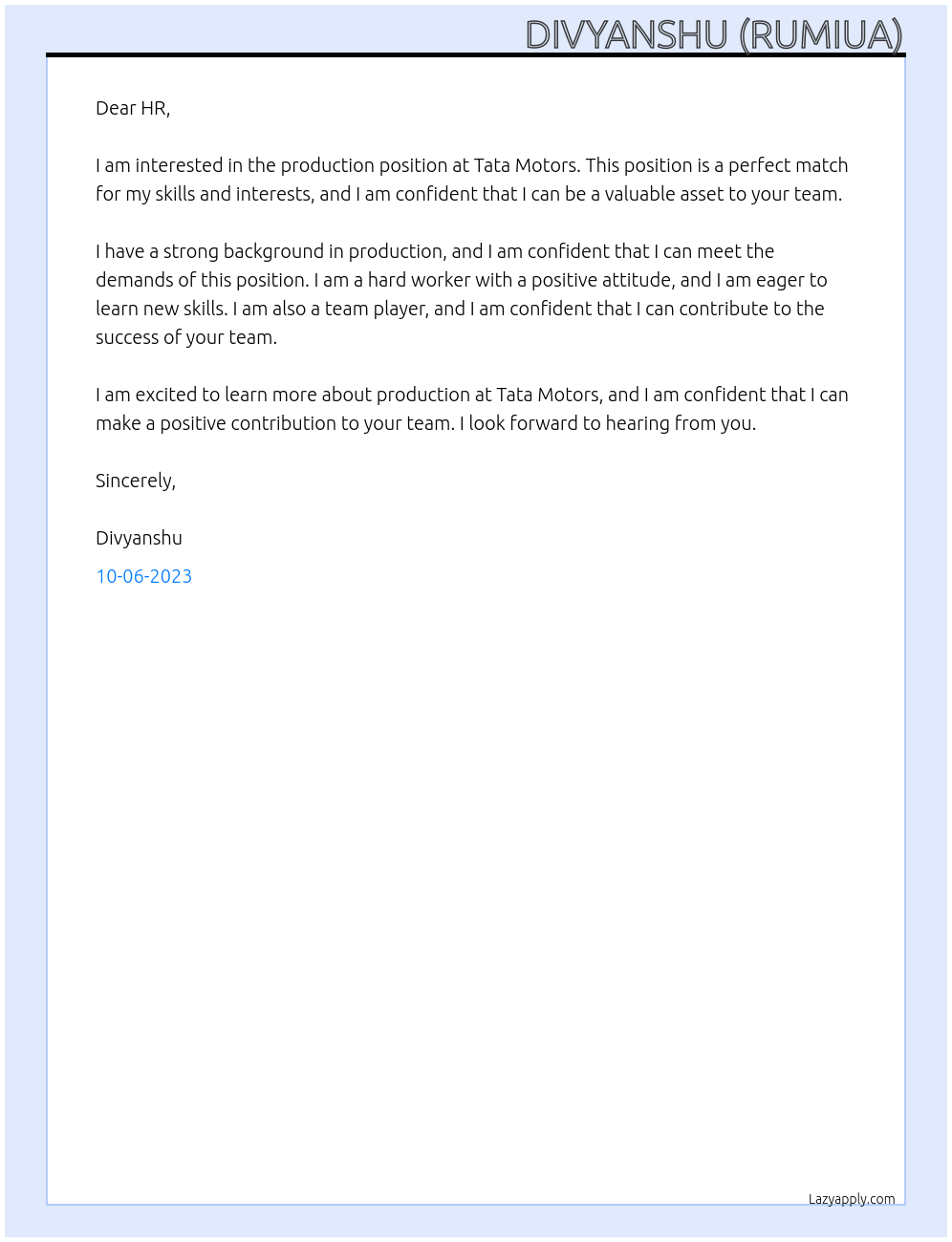 production  At Tata motors  Cover Letter