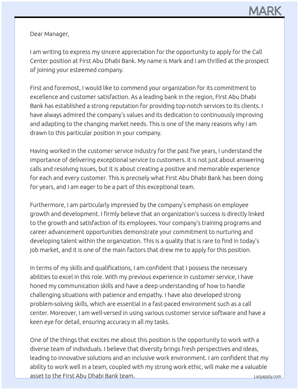 Call center At First Abu Dhabi Bank Cover Letter