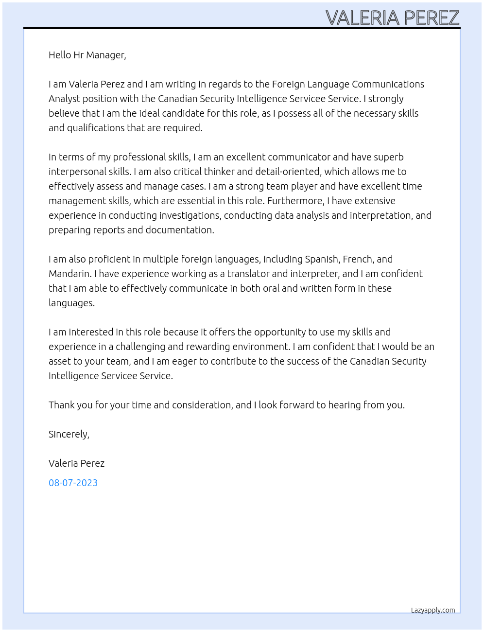 Foreign Language Communications Analyst At Canadian Security Intelligence Servicee Service Cover Letter