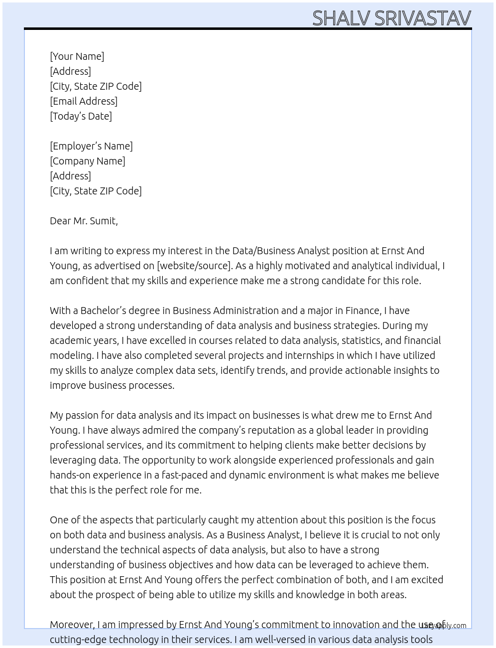 Data/Business Analyst At Ernst And Young Cover Letter