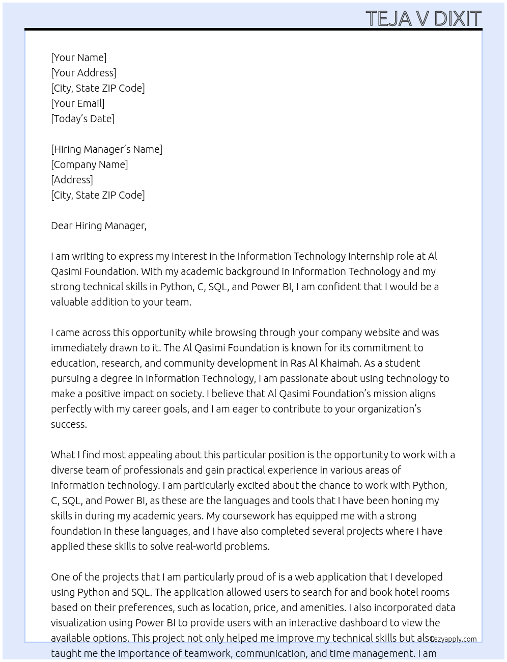 Information Technology At Al Qasimi Foundation Cover Letter