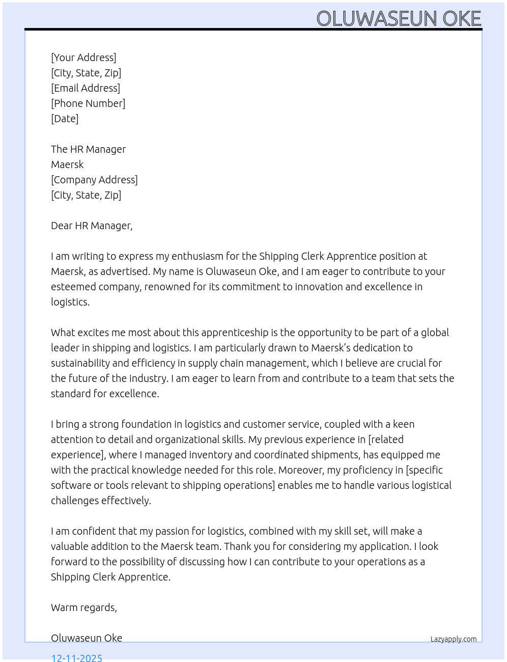 shipping clerk apprentice At Maersk Cover Letter