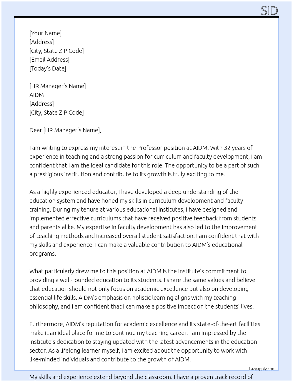 Professor At AIDM Cover Letter