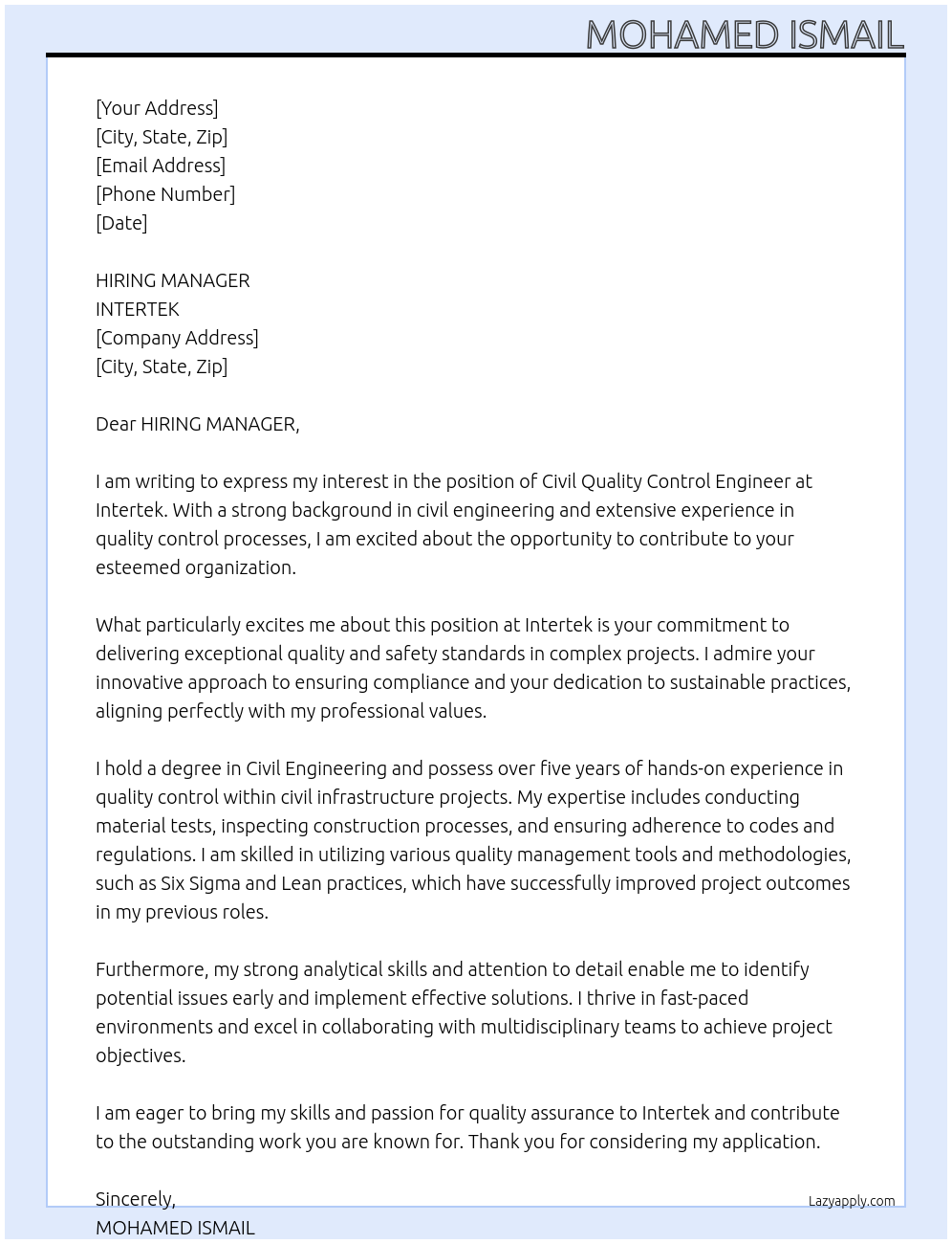 Cover letter for civil quality control engineer - LazyApply
