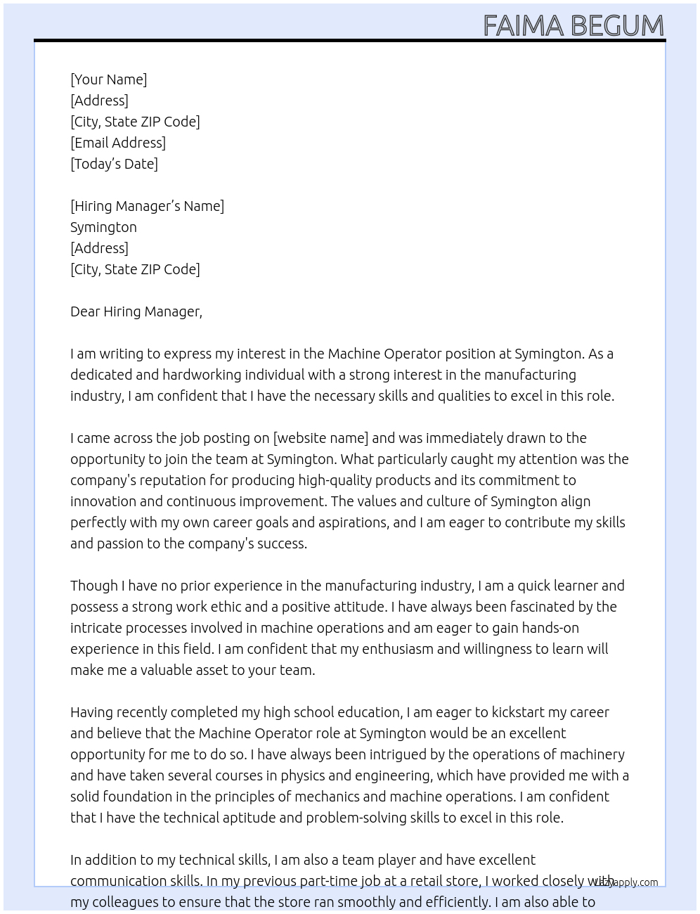 Machine Operator At Symington Cover Letter