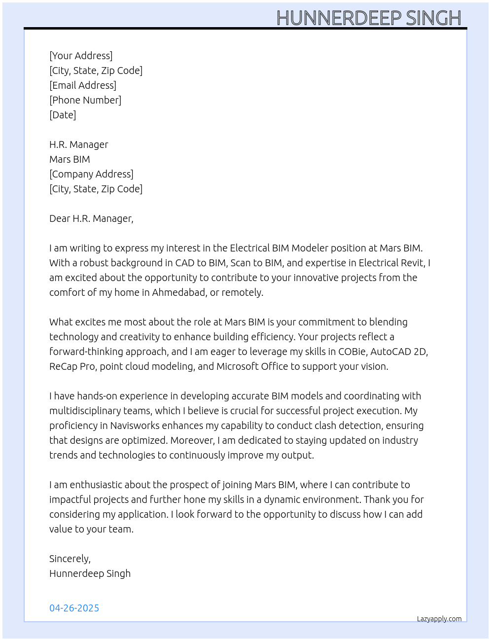 ELECTRICAL BIM MODELER  At Mars Bim  Cover Letter