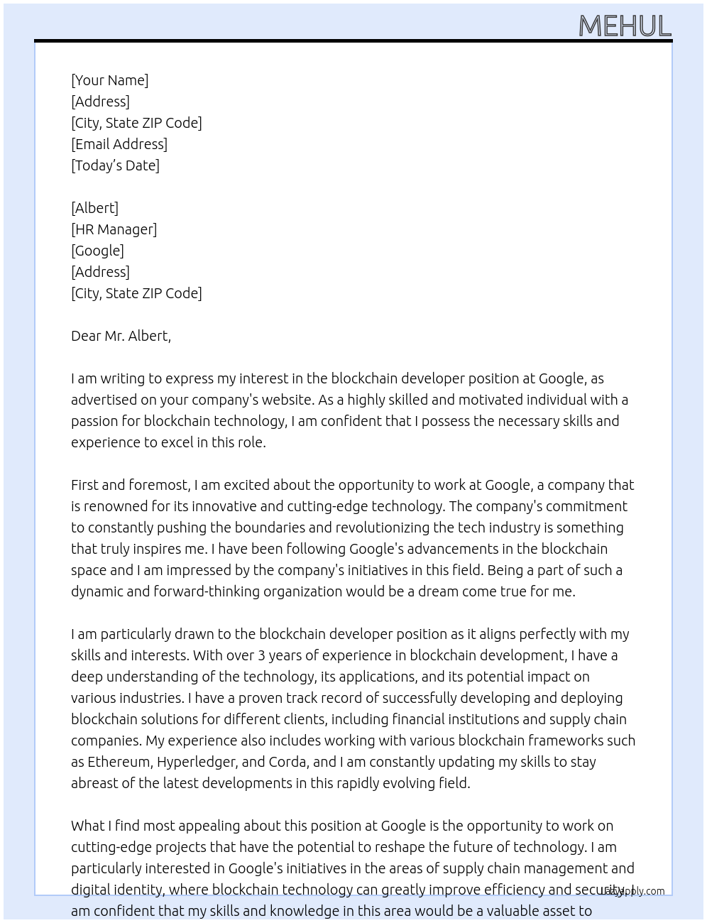 blockchain developer At google Cover Letter