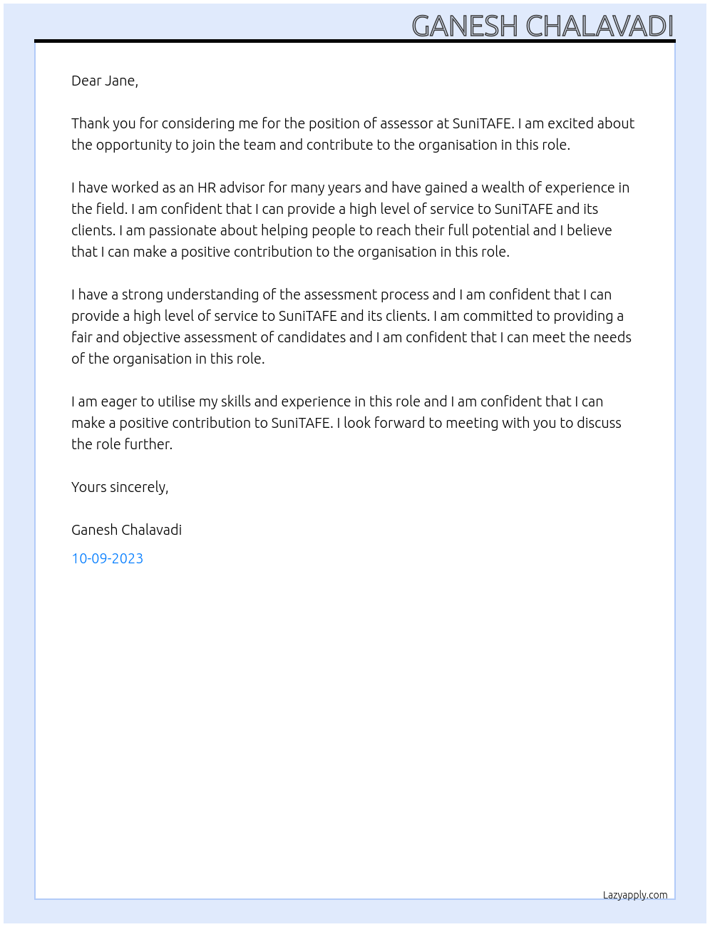 ASSESSOR At SuniTAFE Cover Letter