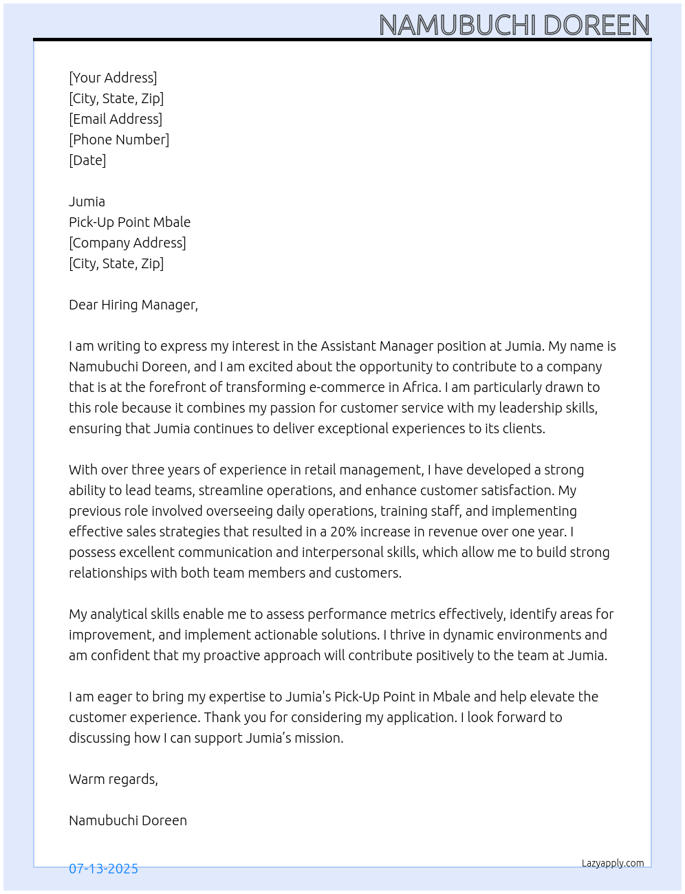 Assistant manager At Jumia Cover Letter