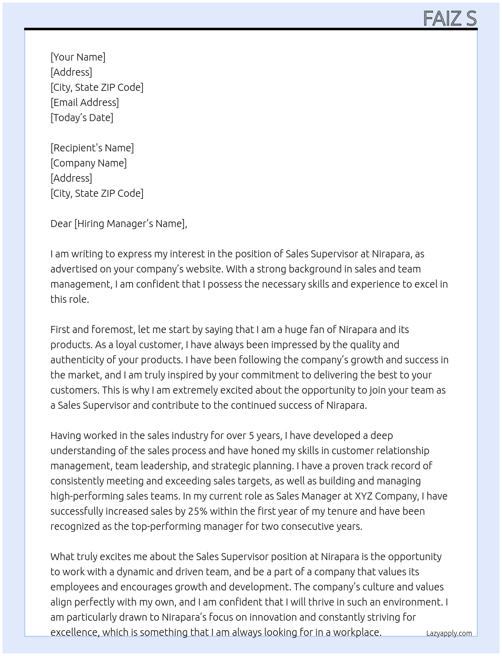 Sales Supervisor  At Nirapara Cover Letter