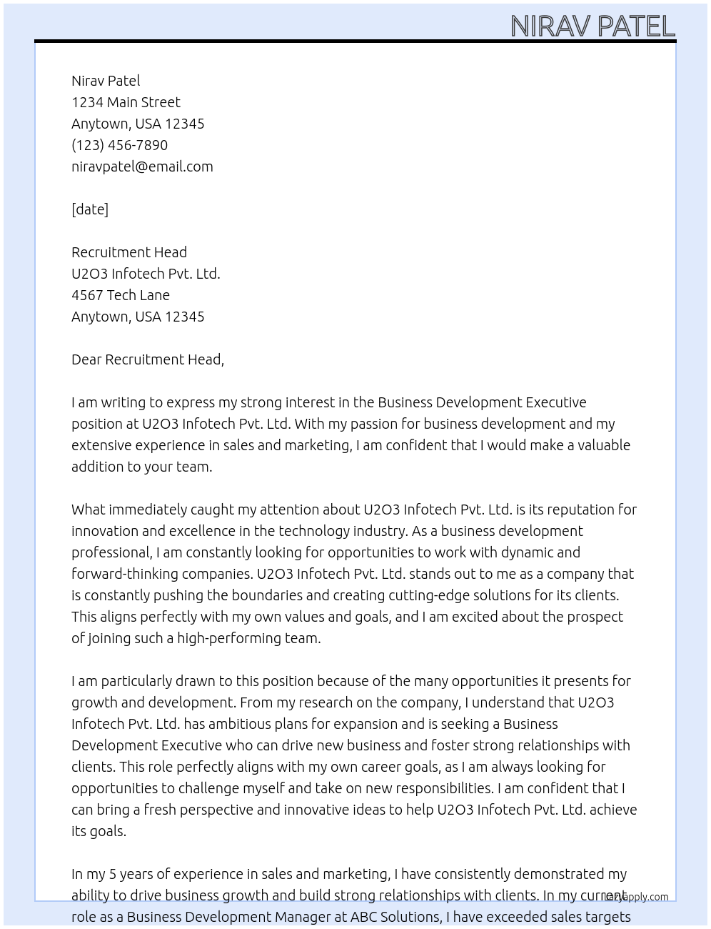 Business Development Executive At U2O3 Infotech Pvt. Ltd. Cover Letter