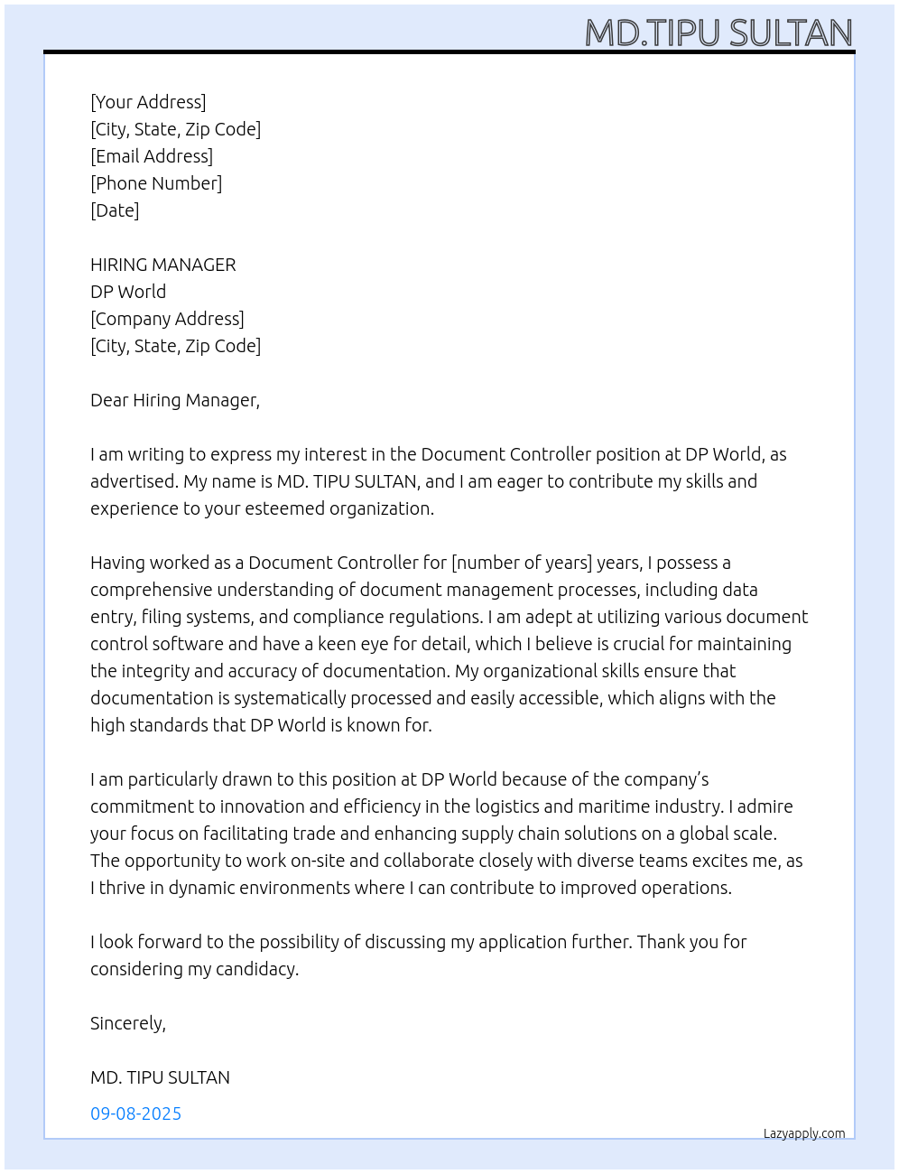 Document Controller At DP World Cover Letter
