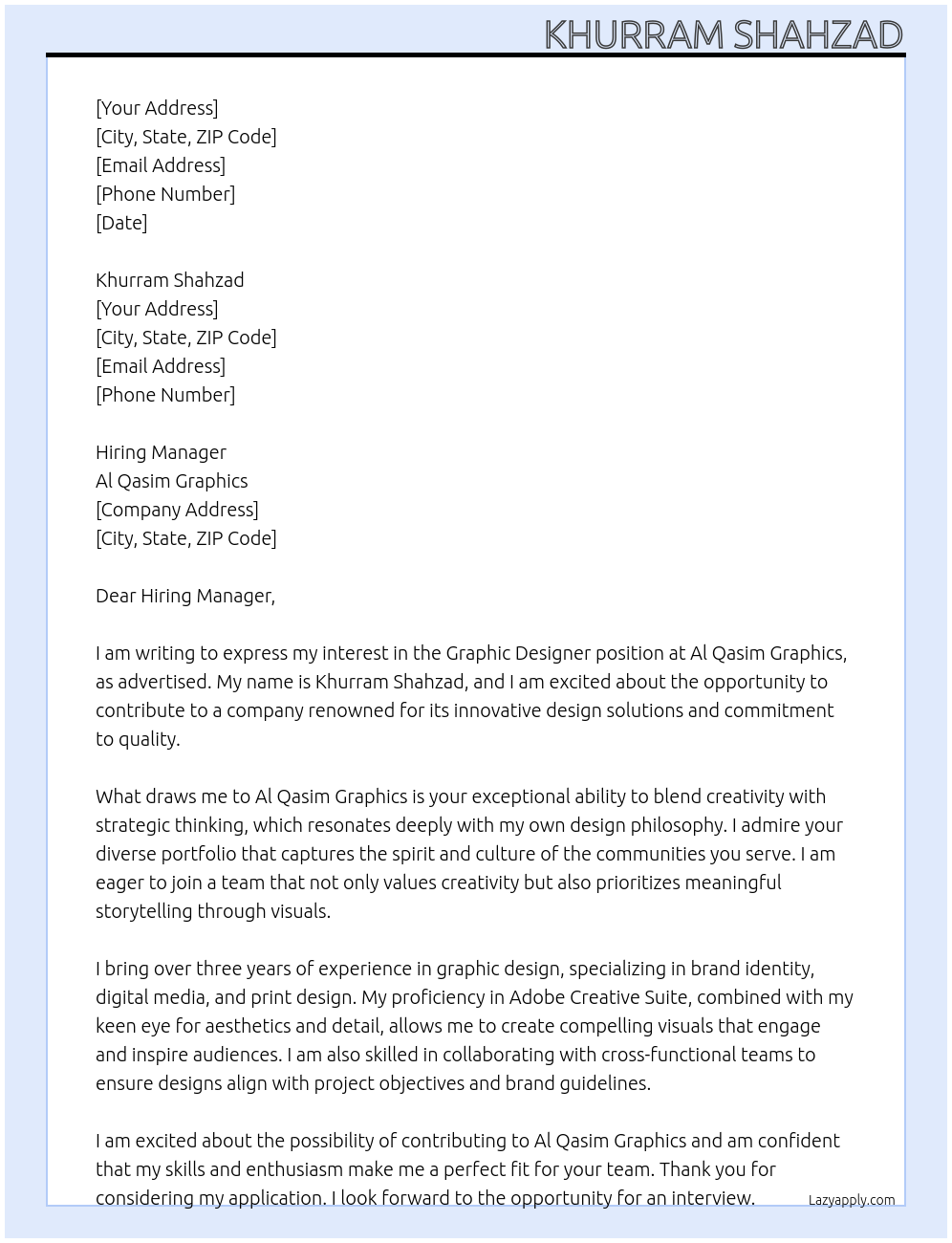 graphic designer At al qasim graphics Cover Letter