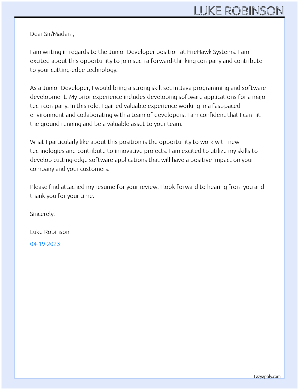 Junior Developer At FireHawk Systems Cover Letter