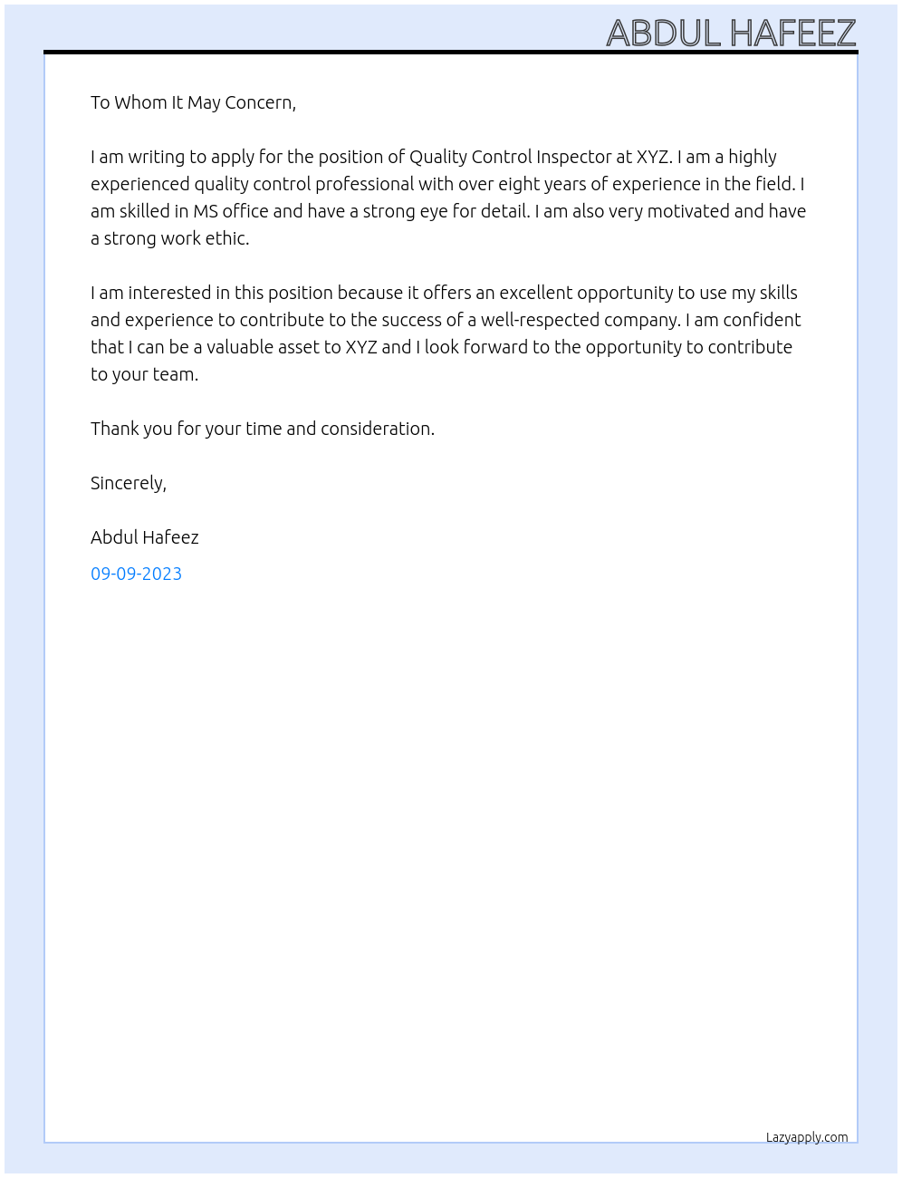 Quality Control Inspector At XYZ Cover Letter