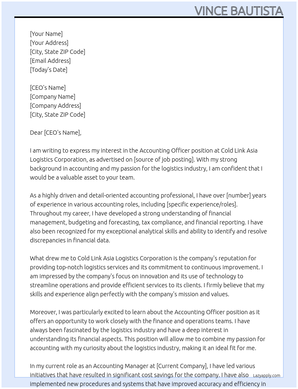 Accounting Officer At Cold Link Asia Logistics Corporation Cover Letter