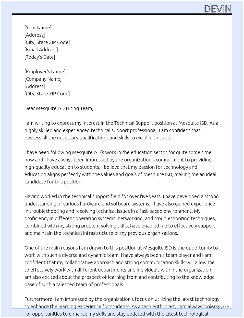 Technical Support At Mesquite ISD Cover Letter