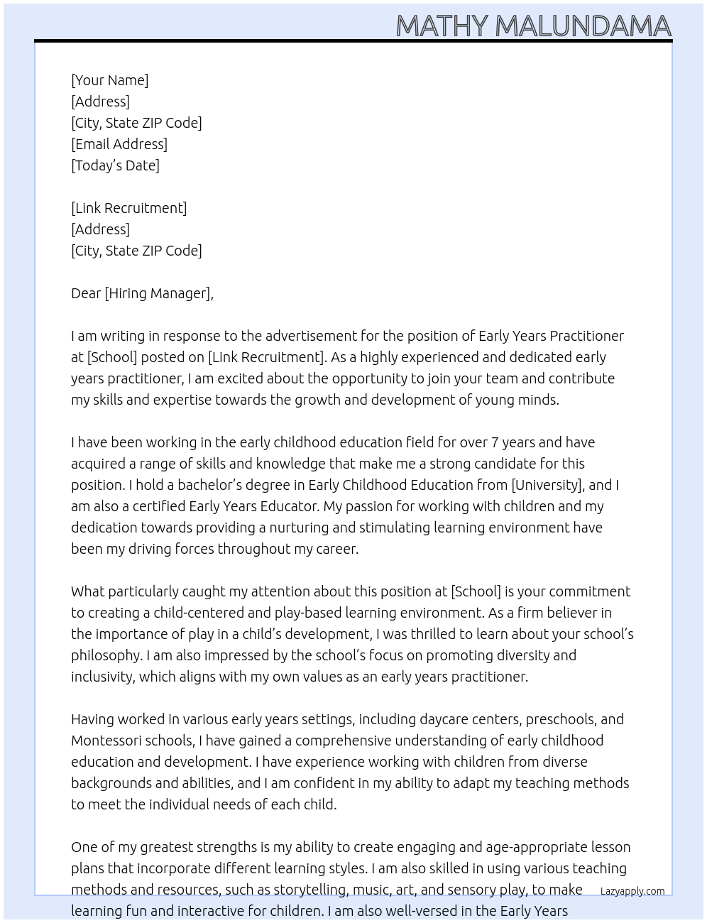early years practitioner  At school Cover Letter