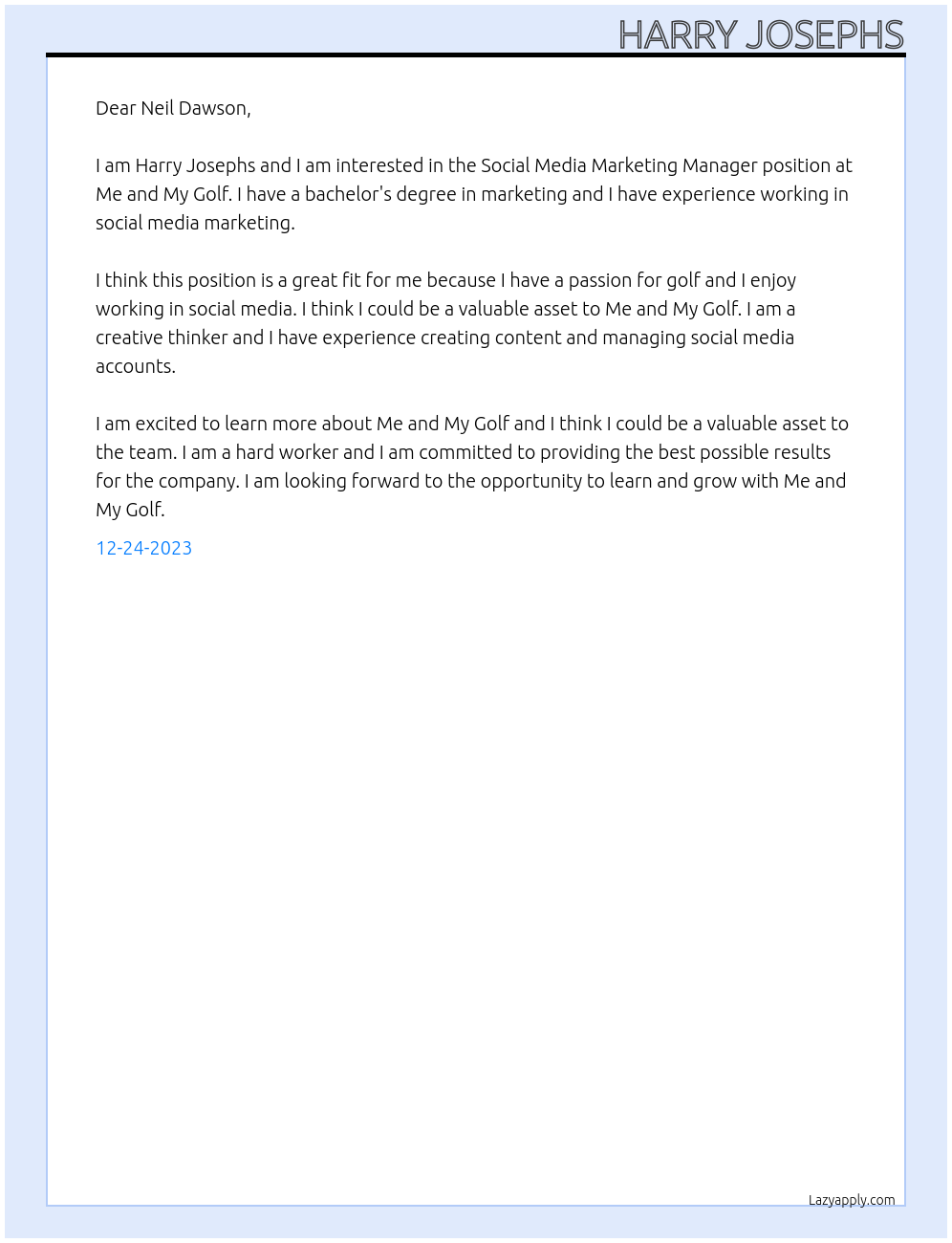 Social Media Marketing Manager At Me and My Golf Cover Letter