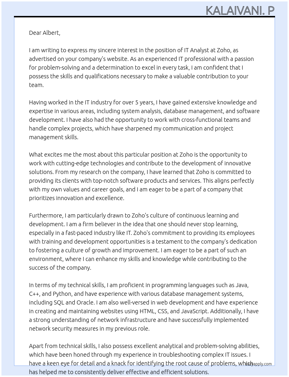 IT Analyst At Zoho Cover Letter