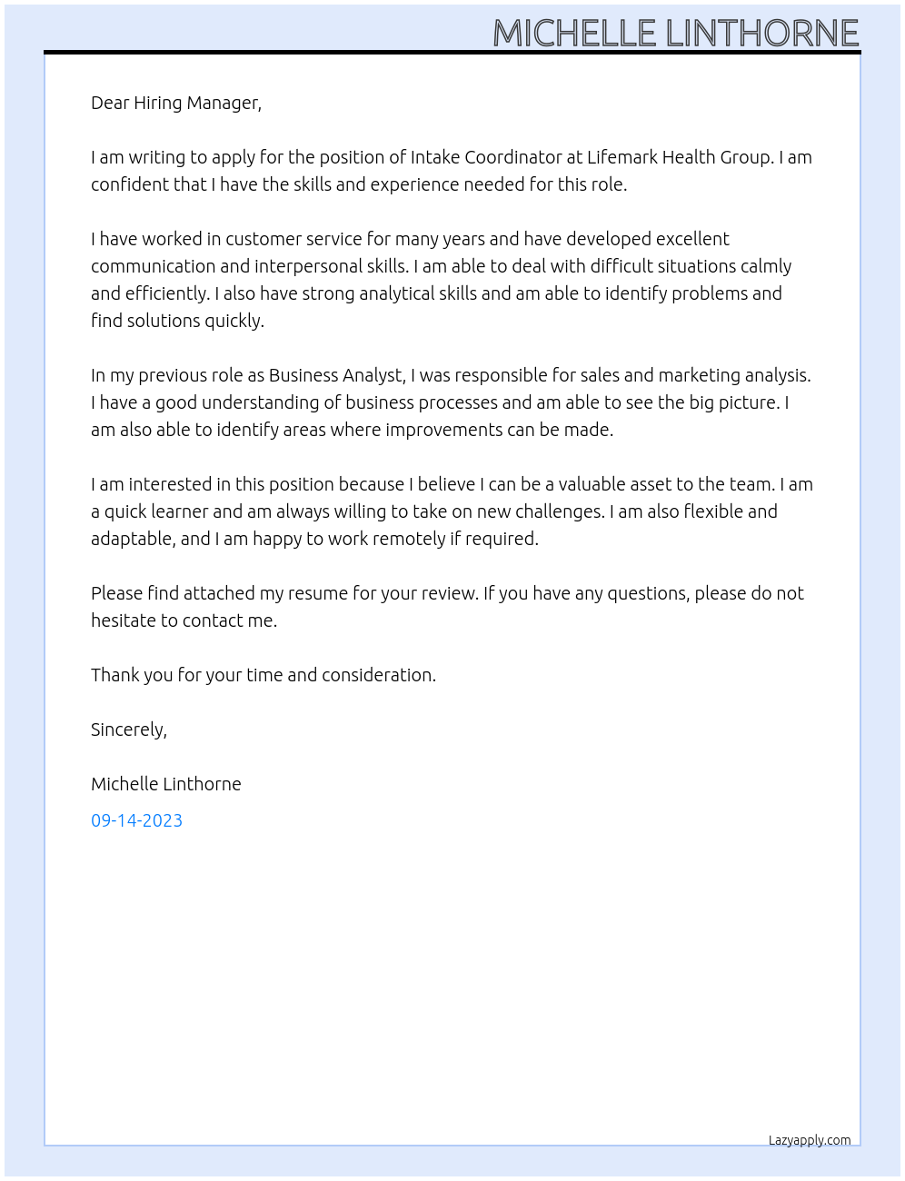 Intake Coordinator At Lifemark Health Group Cover Letter
