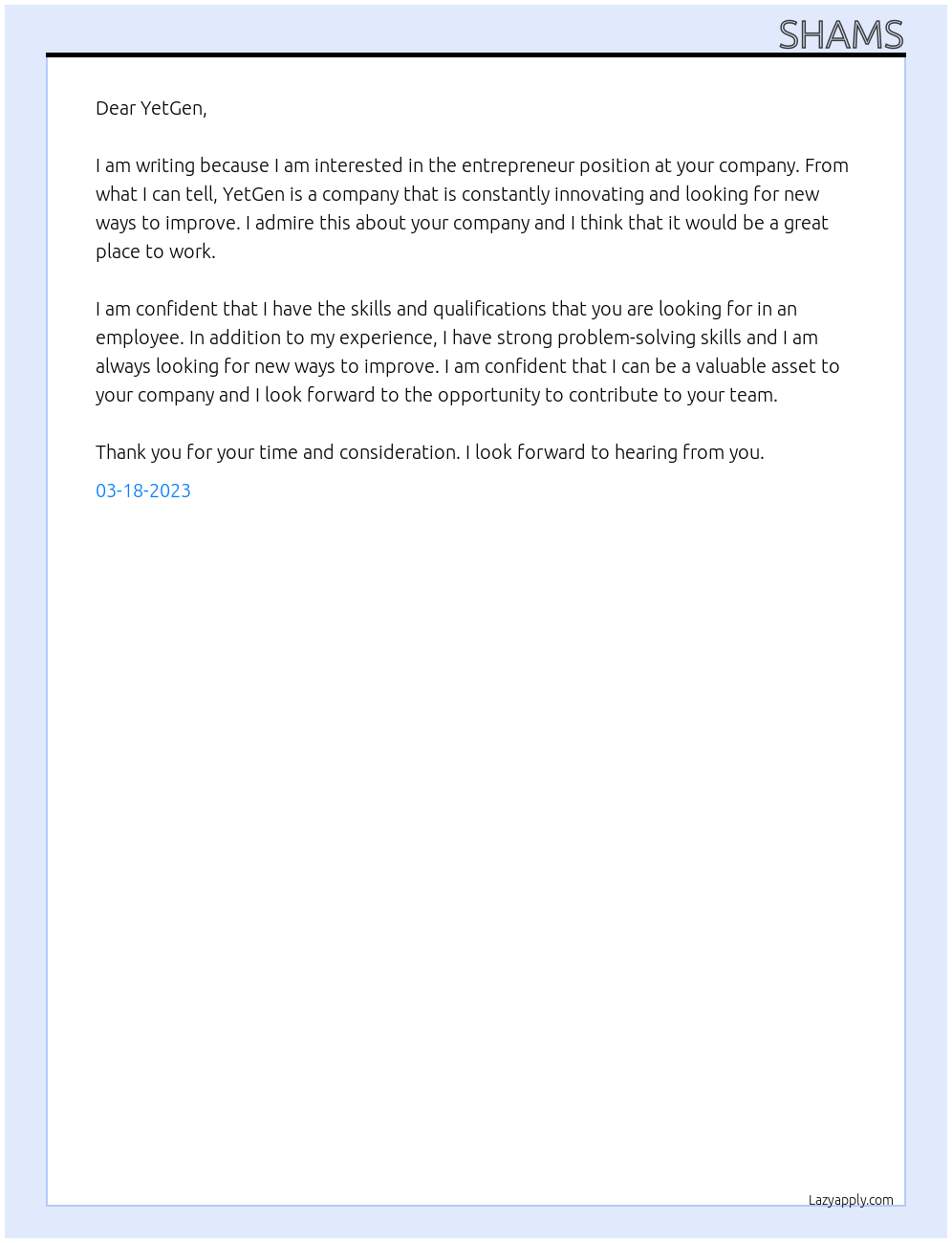 entrepreneur At YetGen Cover Letter