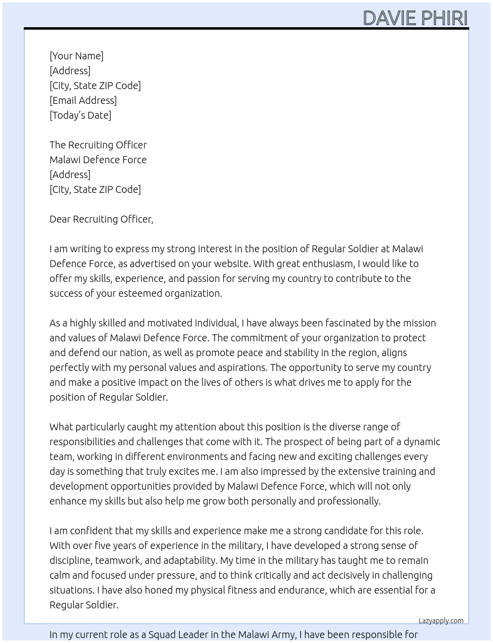 Regular soldier At Malawi Defence force  Cover Letter