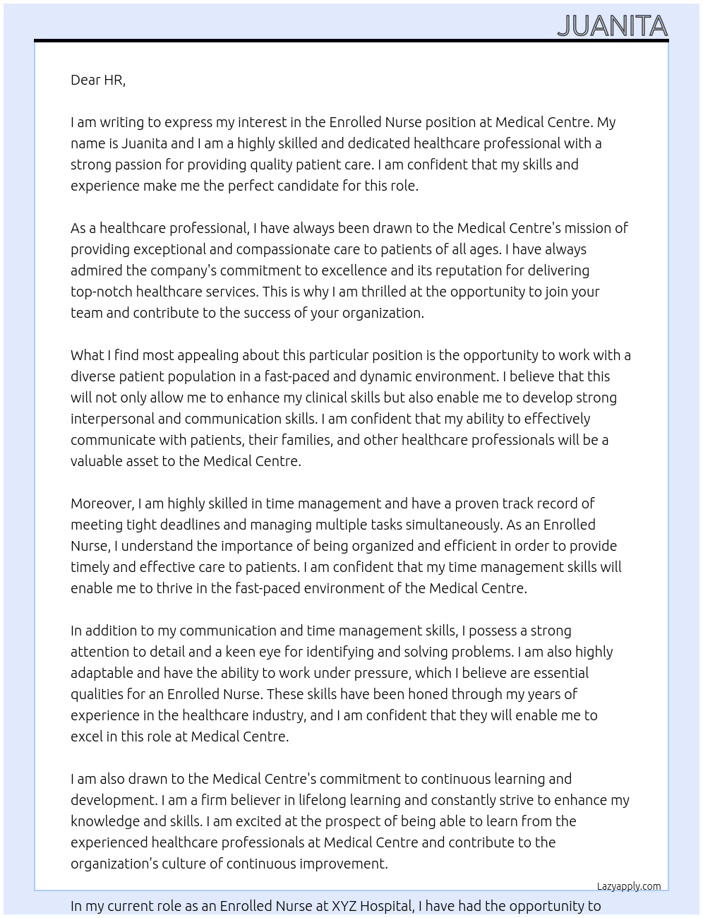 Enrolled Nurse At Medical Centre Cover Letter