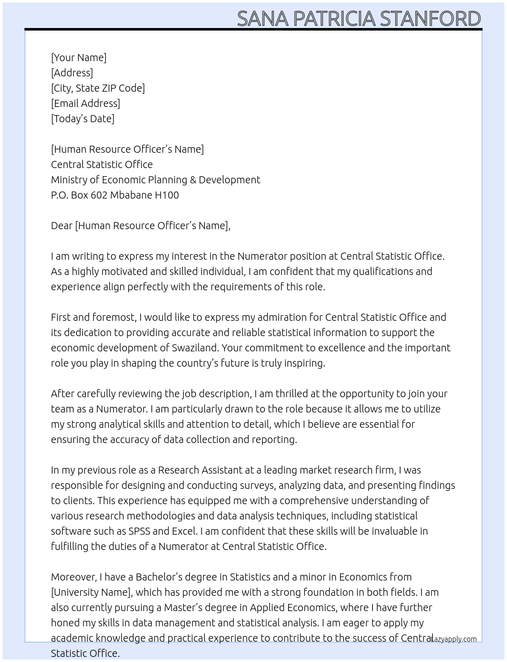 Numerator At Central Statistic OfficeMinistry of Economic Planning & Development, P.O. Box 602 Mbabane H100 Cover Letter