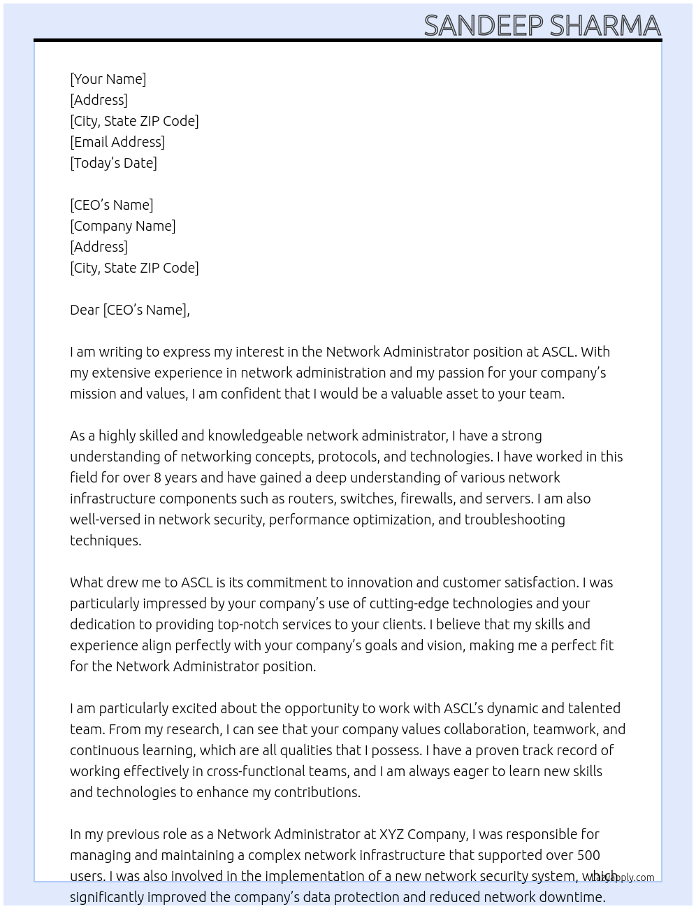 Network Administrator At ASCL Cover Letter