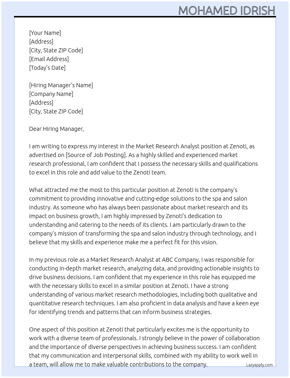 Market Research Analyst At Zenoti Cover Letter