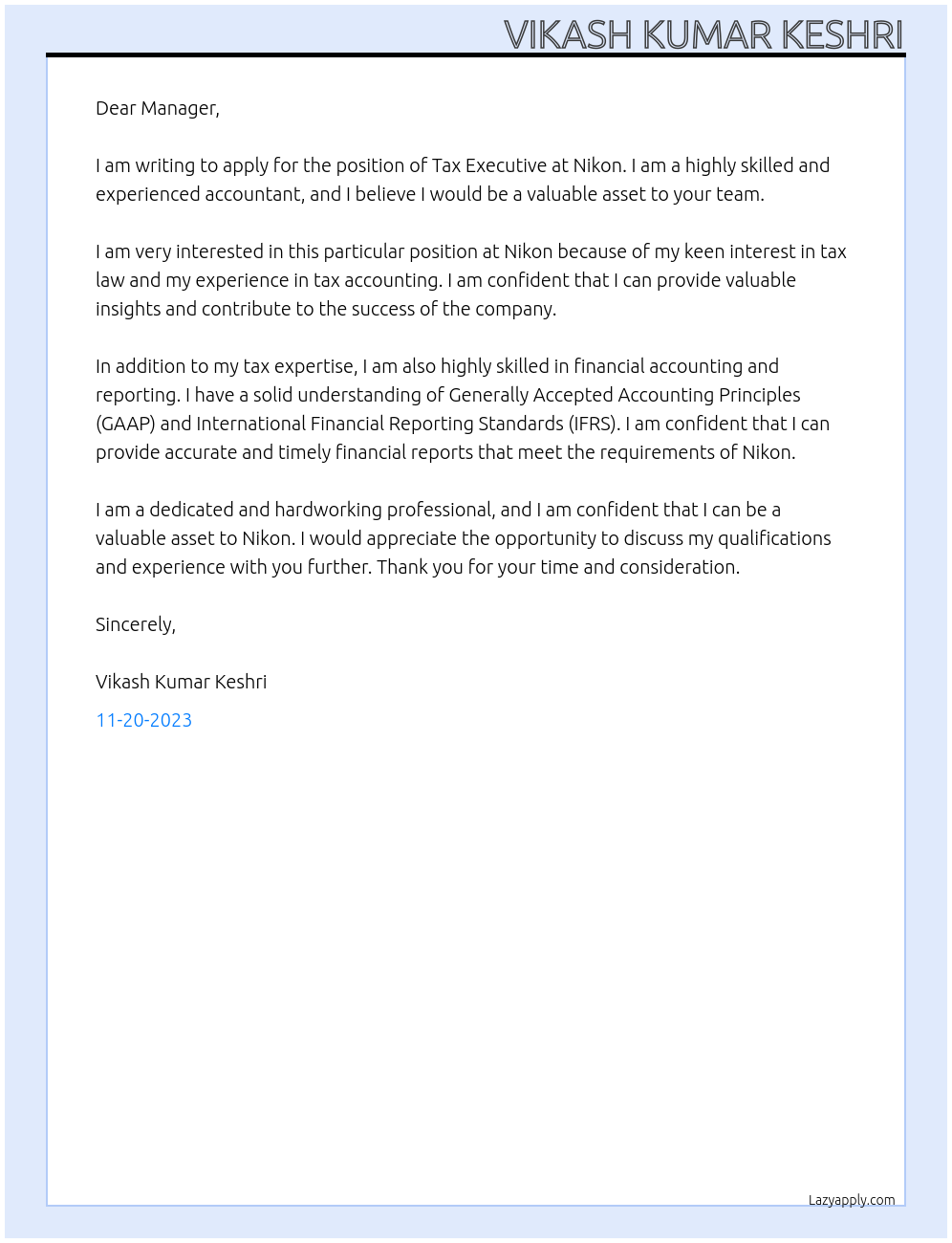 Tax Executive At Nikon Cover Letter