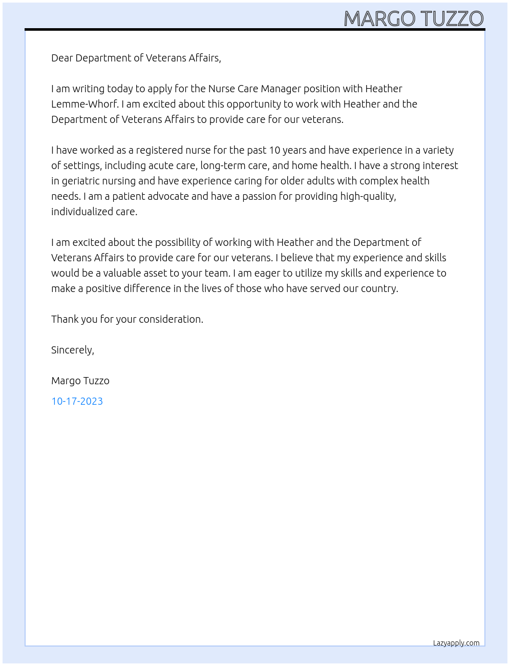 Nurse Care Manager At Department of Veterans Affairs Cover Letter