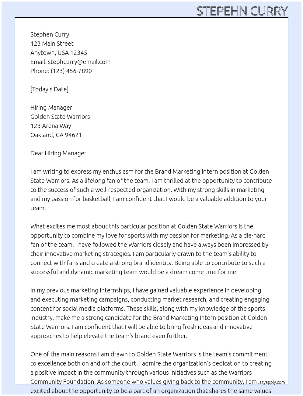 Brand Marketing Intern At Golden State Warriors Cover Letter