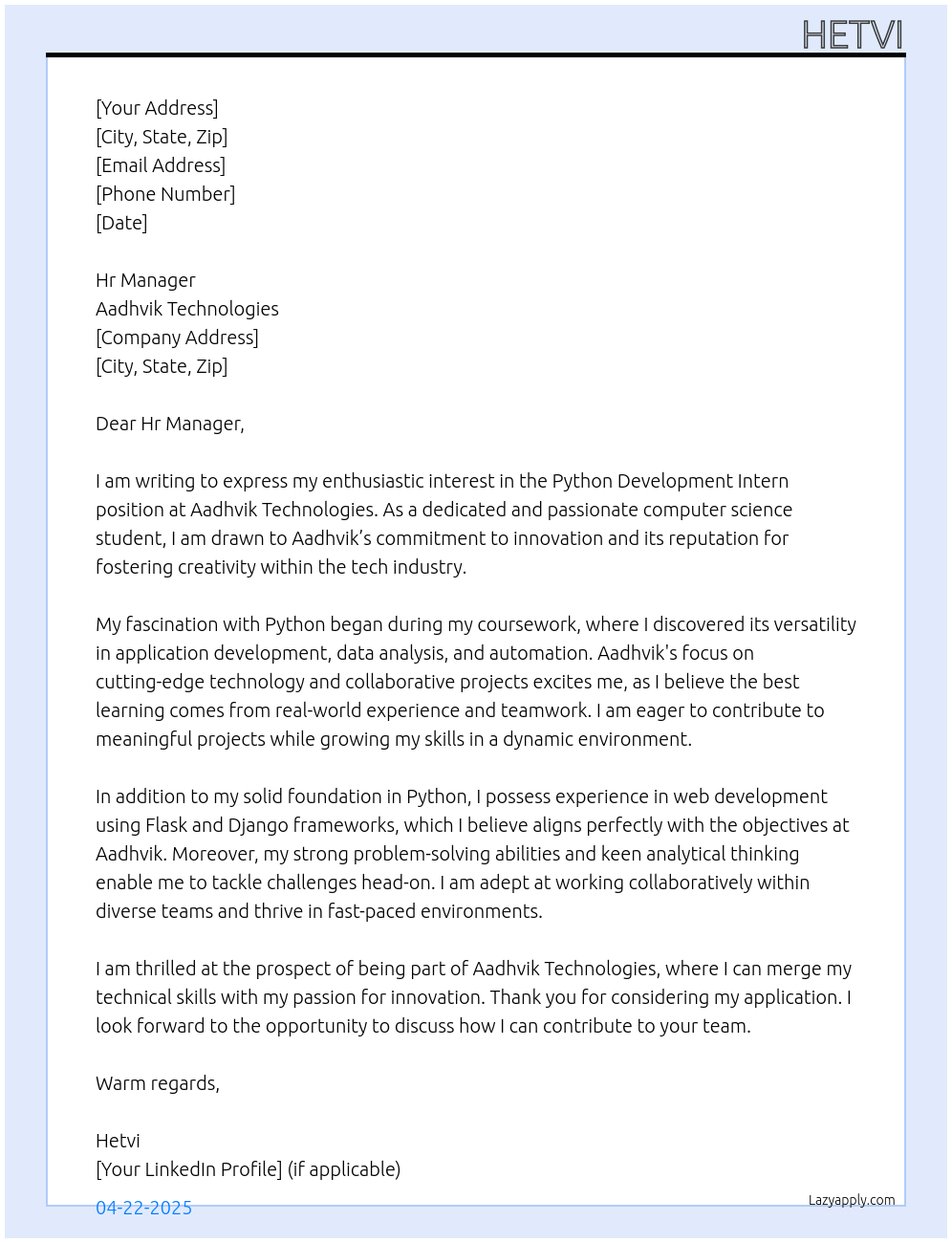 Python development intern  At Aadhvik Technologies  Cover Letter