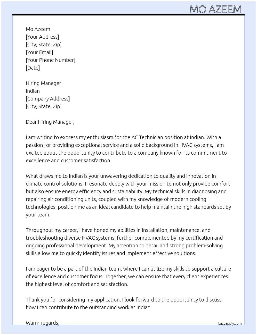 Cover letter for ac technician - LazyApply