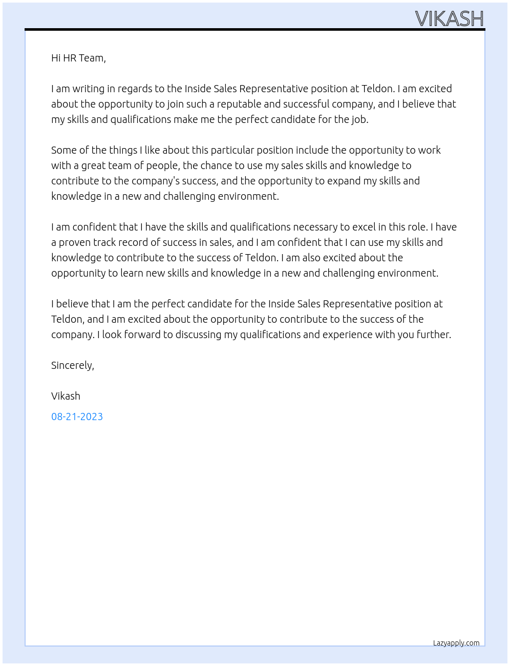 Inside Sales Representative At Teldon Cover Letter