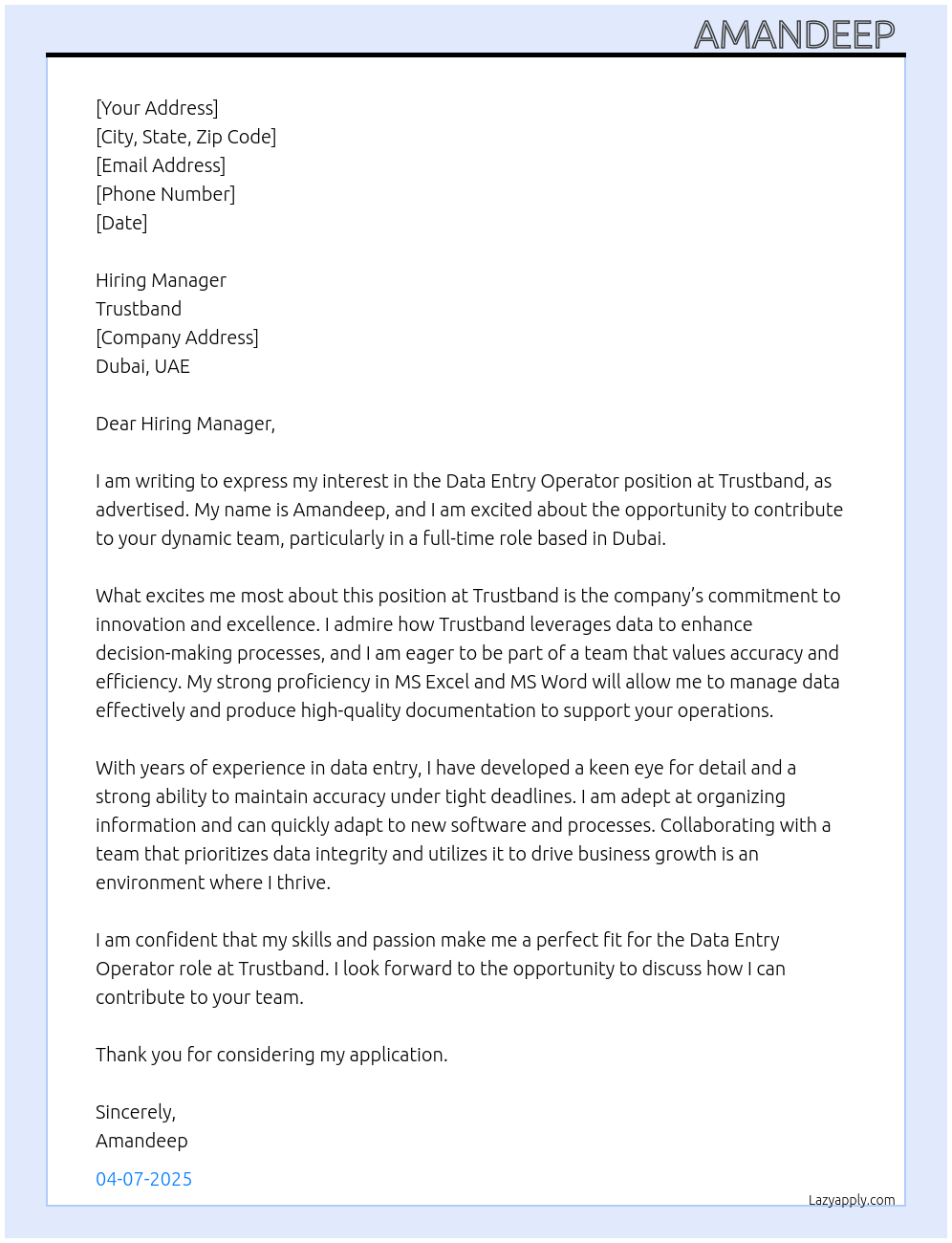 Cover letter for data entry operator - LazyApply