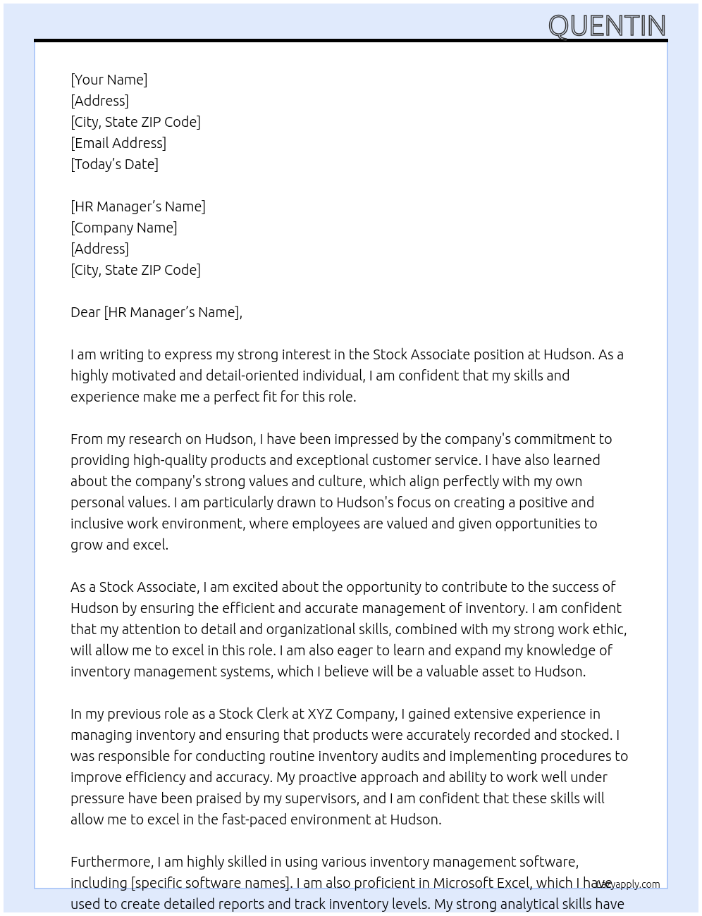 Stock Associate At hudson Cover Letter
