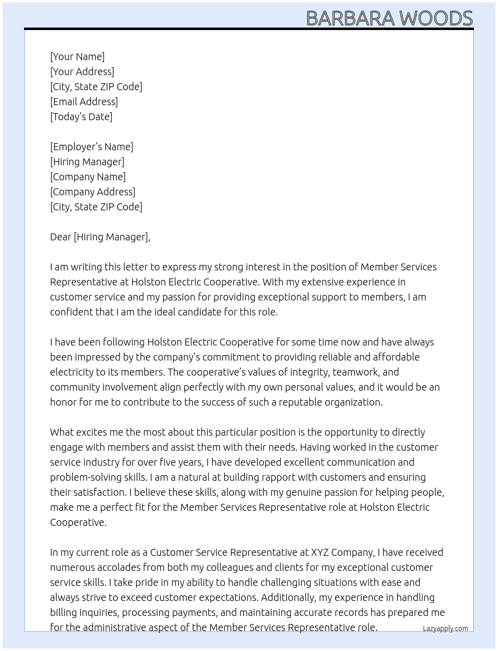 MEMBER SERVICES REPRESENTATIVE At Holston Electric Cooperative Cover Letter