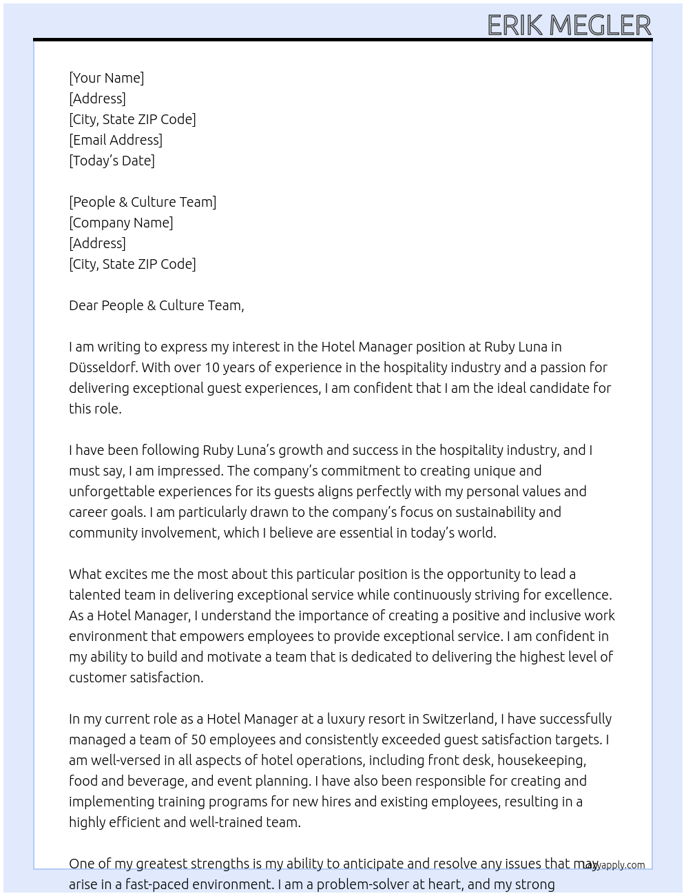 Hotel Manager At Ruby Luna Cover Letter
