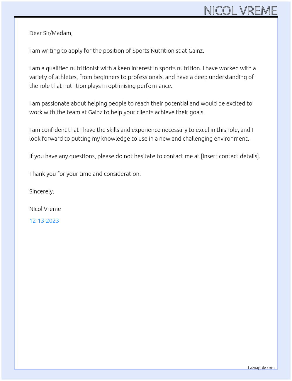 Sports Nutritionist At Gainz Cover Letter