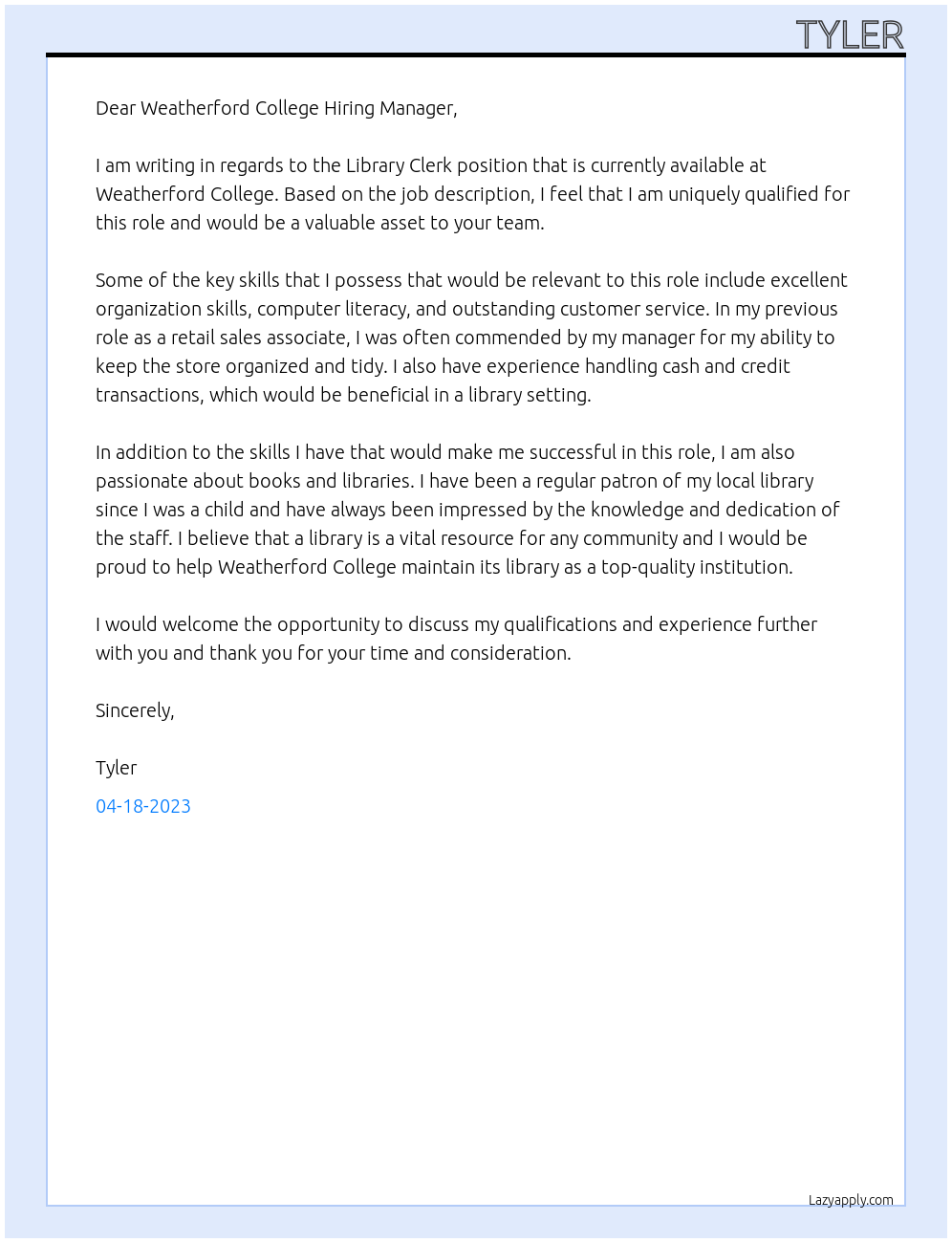Library Clerk At Weatherford College Cover Letter