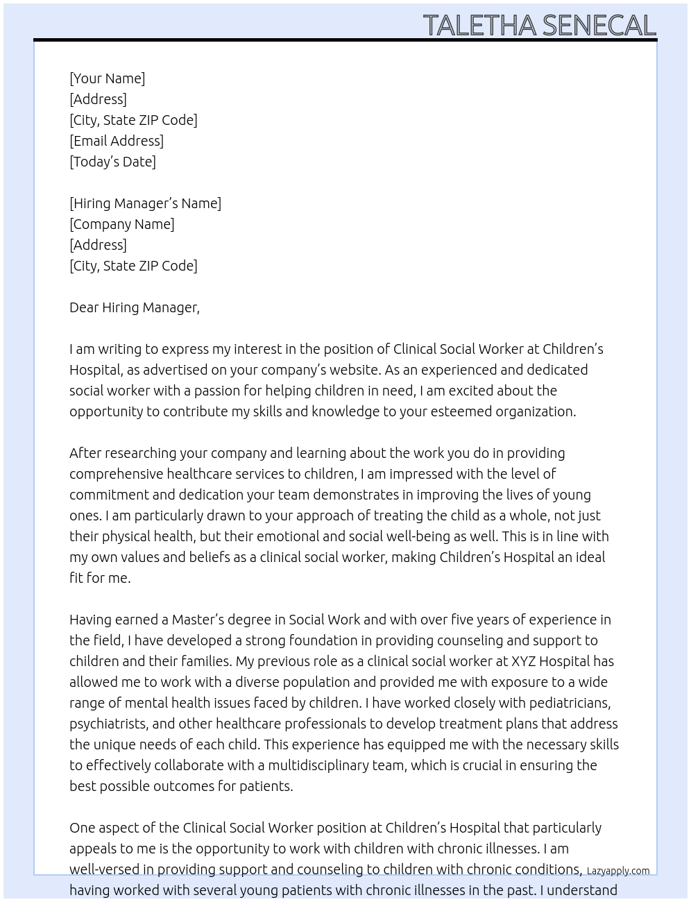 Clinical Social Worker At Children's Hospital Cover Letter